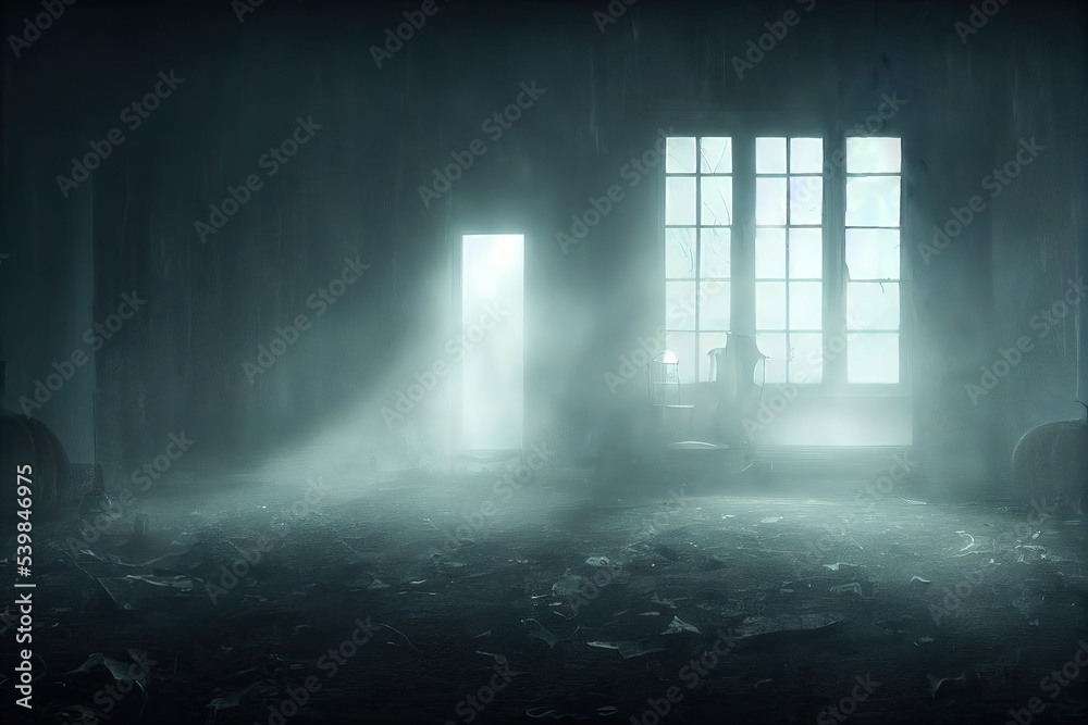 Empty room interior in haunted house at night, eerie dark atmosphere, moonlight and fog coming from broken window, generative AI illustration with copy space - obrazy, fototapety, plakaty 