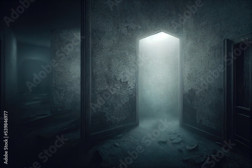 Glowing doorway in a dark hall in abandoned house, creepy mysterious interior. Generative AI illustration