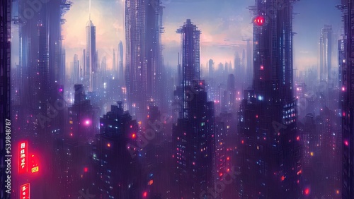 Cityscape of asian cyberpunk city at night. Neon, skyscrapers, fantasy cyber city. 3D illustration