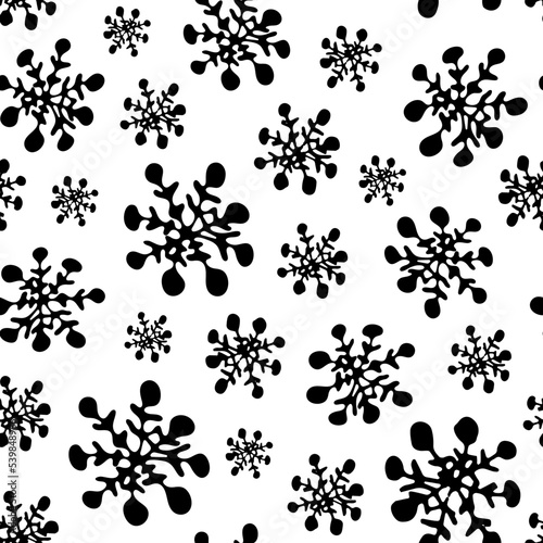 Black and white vector seamless pattern with silhouettes of snowflakes in naive scribble style. Greeting card, gift packaging., wrapping paper. Funny scrabble style collection for happy new year. 