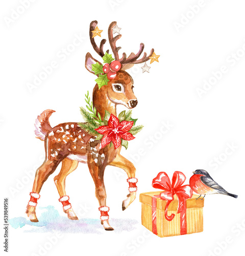 Christmas deer and bullfinch watercolor isolated illustration