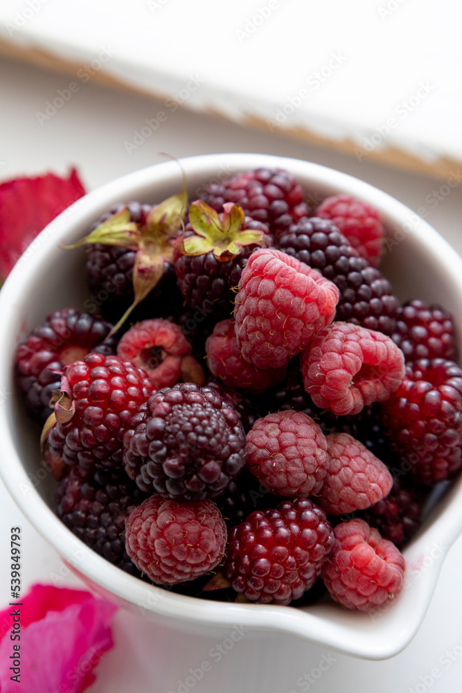 macro of exquisite cold blackberries in a bowl, decorated with flower petals, exquisite tropical fruit, food for a healthy diet macro of exquisite cold blackberries in a bowl, decorated with flower petals, exquisite tropical fruit, food for a healthy diet