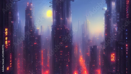 Cityscape of asian cyberpunk city at night. Neon, skyscrapers, fantasy cyber city. 3D illustration © Terablete