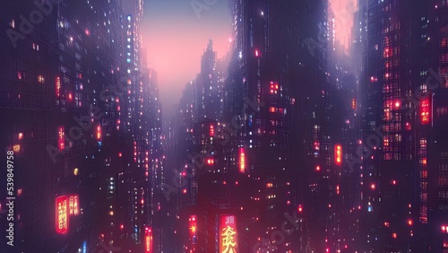 Cityscape of asian cyberpunk city at night. Neon, skyscrapers, fantasy cyber city. 3D illustration