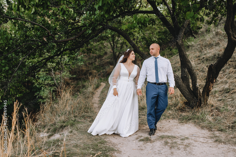 A stylish, loving adult groom and a beautiful, young, smiling bride in a white dress are walking in a park in nature, holding hands. Wedding photography, portrait. A stylish, loving adult groom and a beautiful, young, smiling bride in a white dress are walking in a park in nature, holding hands. Wedding photography, portrait.