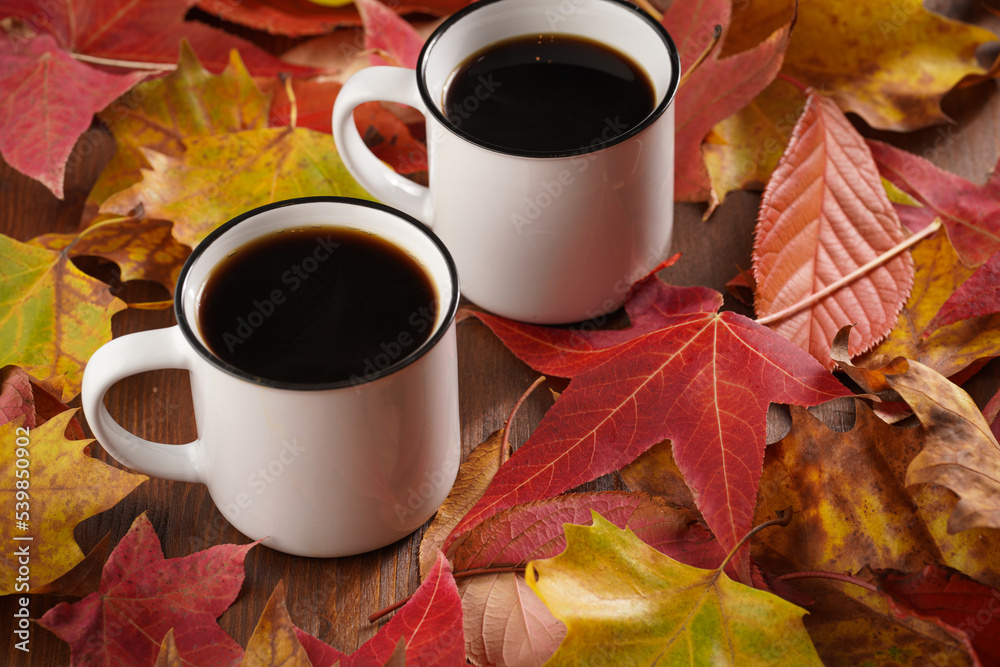 Two white cups with black coffee in a cozy autumn setting with red, yellow and orange leaves, hokkaido pumpkins, on wooden background