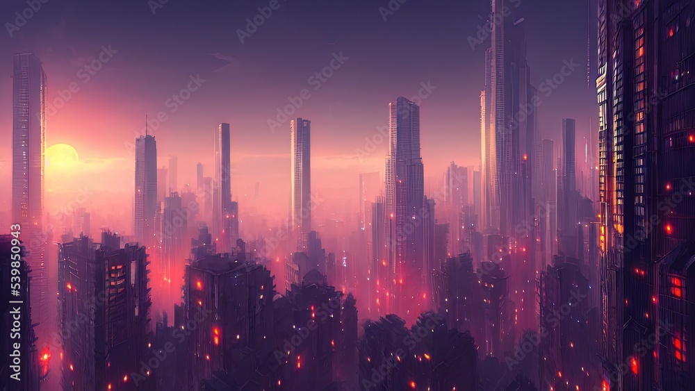 Naklejka premium Cityscape of asian cyberpunk city at night. Neon, skyscrapers, fantasy cyber city. 3D illustration