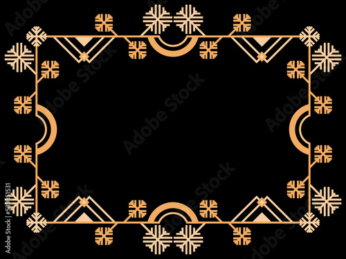 Art deco frame with snowflakes. Vintage linear border in 1920s and 1930s style. Christmas frame design a template for invitations, leaflets and greeting cards. Vector illustration