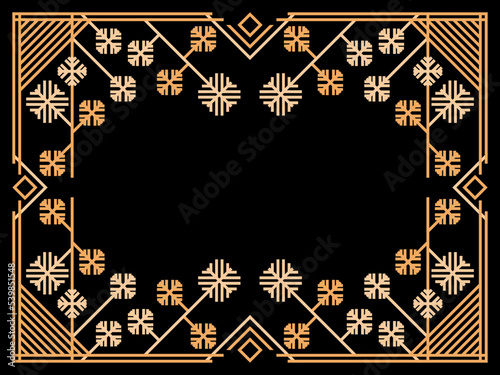 Art deco frame with snowflakes. Vintage linear border in 1920s and 1930s style. Christmas frame design a template for invitations, leaflets and greeting cards. Vector illustration