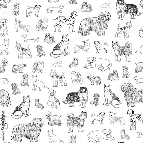Dog pet breed line vector seamless pattern.