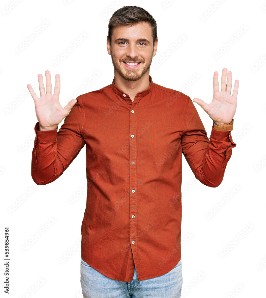 Handsome caucasian man wearing casual clothes showing and pointing up with fingers number ten while smiling confident and happy. Handsome caucasian man wearing casual clothes showing and pointing up with fingers number ten while smiling confident and happy.