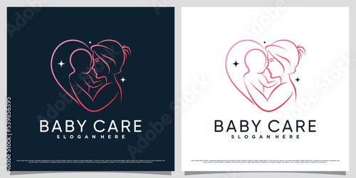 Baby care logo design template with line art style and heart shaped