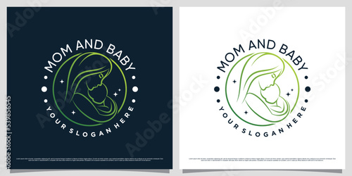 Creative mom and baby logo design template with emblem style concept
