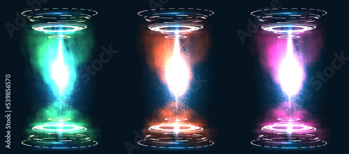 Circular portals, a teleport with a hologram. Projector or teleportation podium of the magic circle. Level up effect. Realistic teleportation portal.