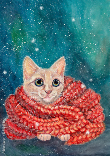 Painted kitten in a red scarf on a blue snowy background