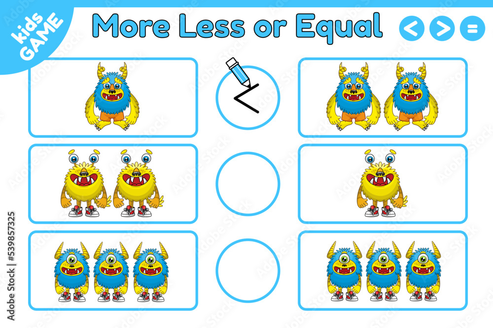 Mathematics educational game for children. Count and choose less, more or equal. Learning counting, addition worksheet for kids. Vector illustration of cartoon monsters.