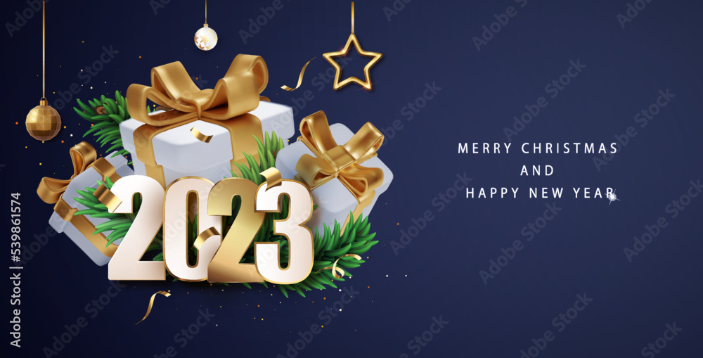 Fototapeta premium 2023 Happy New Year banner with realistic gift box composicion. Holiday greeting card design. Festive premium concept template for holiday