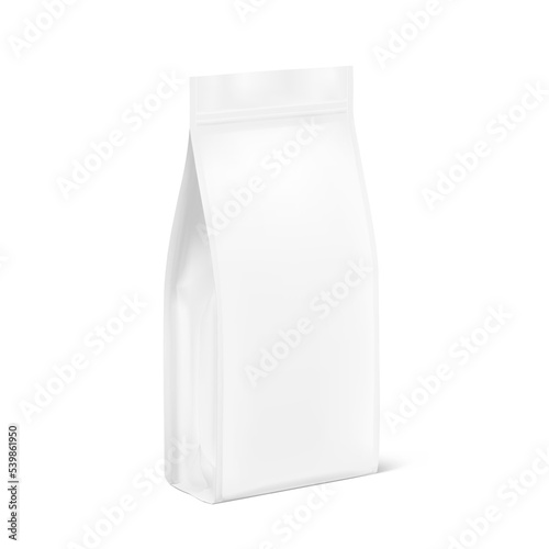 Vertical bag with flat bottom mockup. Vector illustration isolated on white background. Half side view. Can be use for your design, presentation, promo, ad. EPS10.	