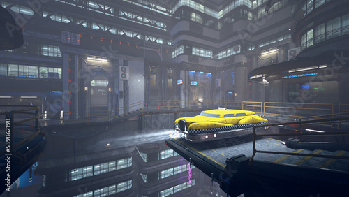 Fotografia, Obraz Futuristic cyberpunk yellow flying taxi cab waiting for passngers in a dystopian city on a foggy night