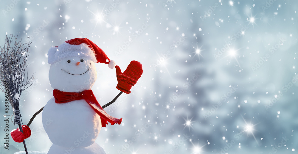 Happy snowman with scarf and cowboy hat, standing in winter christmas landscape.Snow background