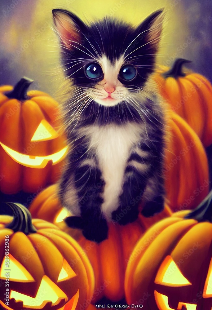 Obraz premium Cute cat, kitten or kitty on top of Halloween pumpkins, black and white fur, 3D rendered and generated by computer