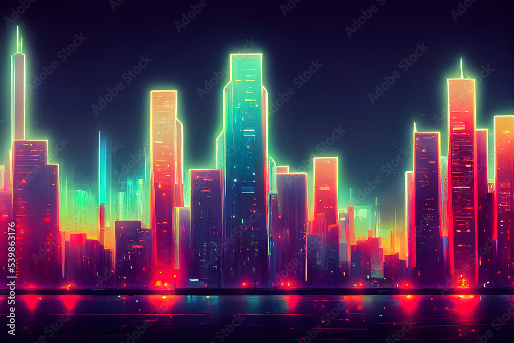 Futuristic city. Concept Art. Cityscape at night with bright neon lights. 3D illustration.