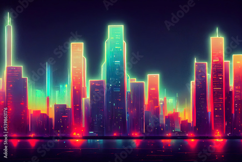 Futuristic city. Concept Art. Cityscape at night with bright neon lights. 3D illustration.