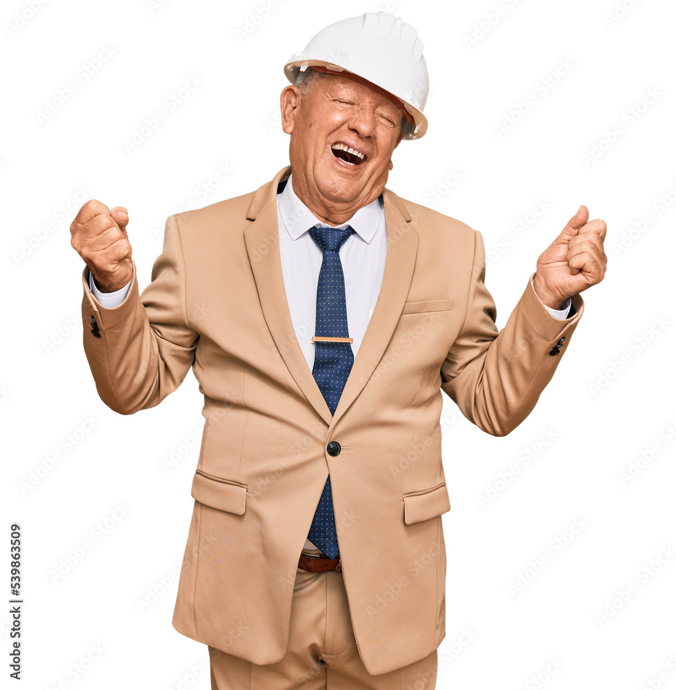 Senior caucasian man wearing architect hardhat very happy and excited doing winner gesture with arms raised, smiling and screaming for success. celebration concept.