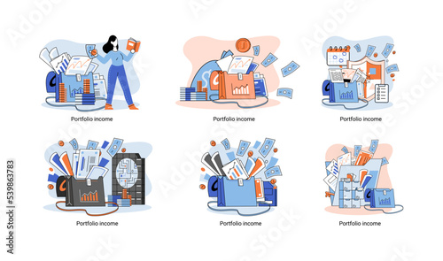 Investment portfolio income dollars currency, buy sell trading, market exchange value metaphor, businessman investor or trader balance portfolio with coins. Financiers analyzing stock market profit