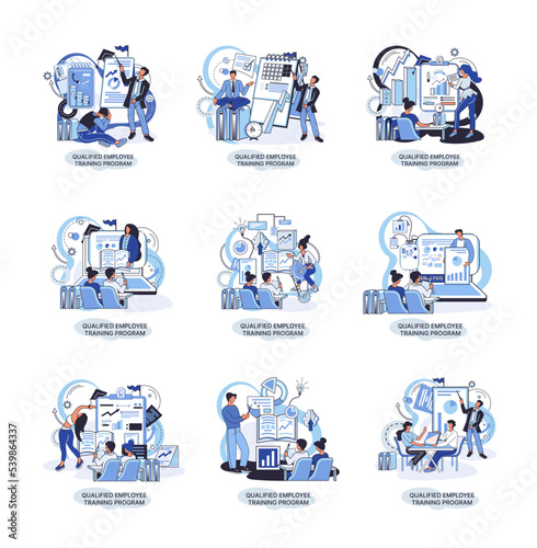 Qualified employee training program. Refresher course metaphor. Help in professional development. Learning for software development and growth. Agile project management team project life scrum meeting