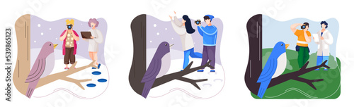 Observation of animals in wild. Ecologists scientists conduct research, take care of fowl and nature. Researcher study flora fauna and environment. Professional ecological activist photographing bird