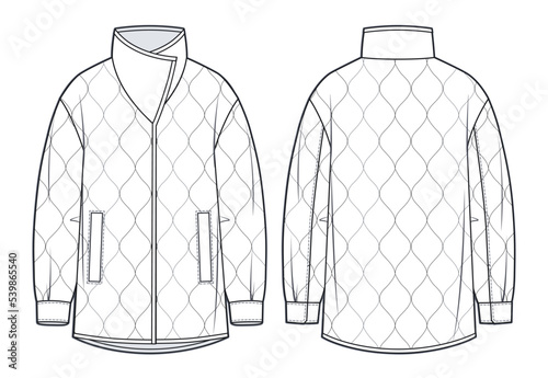 Women's quilted padded Jacket technical fashion Illustration.  Oversize Down Coat technical drawing template, long sleeve, pockets, front and back view, white, CAD mockup.