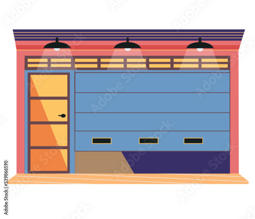 Garage door from various material with mechanical or automatic control system. Roller gate in premises for storing vehicles. Roll door in garage, car house storage isolated on white background