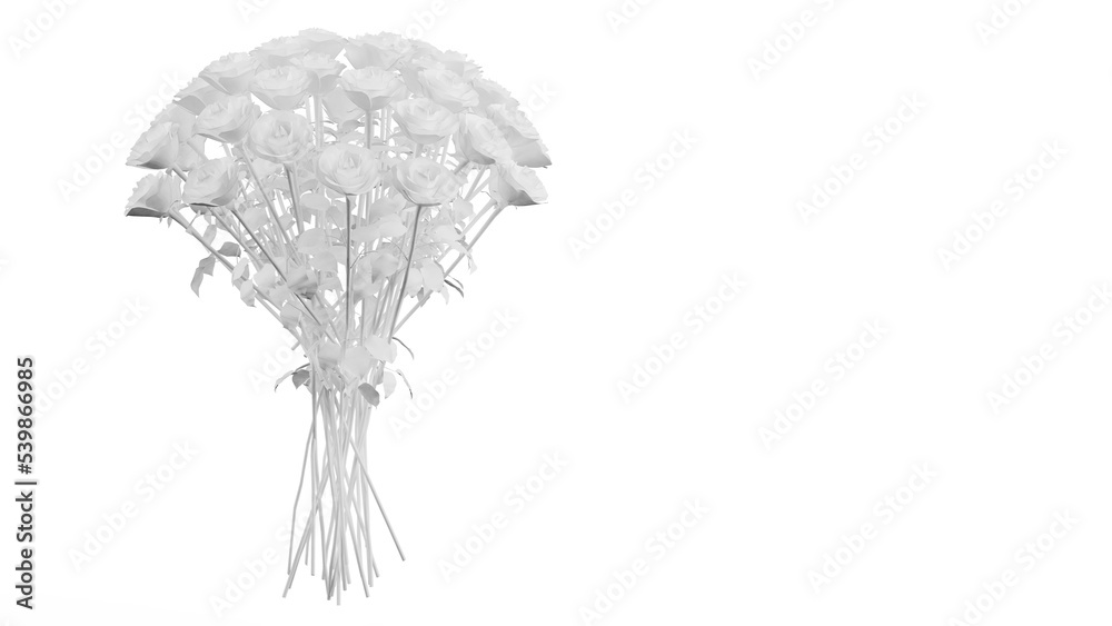 White rose with small white leaves under white background. Concept image of happy Invitation and reception sign. 3D high quality rendering. 3D illustration. High resolution. PNG file format.