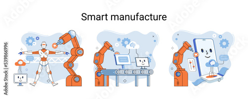 Smart manufacture metaphor with automated production line. Innovative contemporary smart industry product design, delivery and distribution with people, robots and machinery, conveyor assembly line
