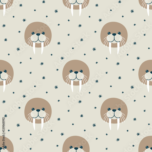 Vector seamless pattern with cute muzzles of walruses
