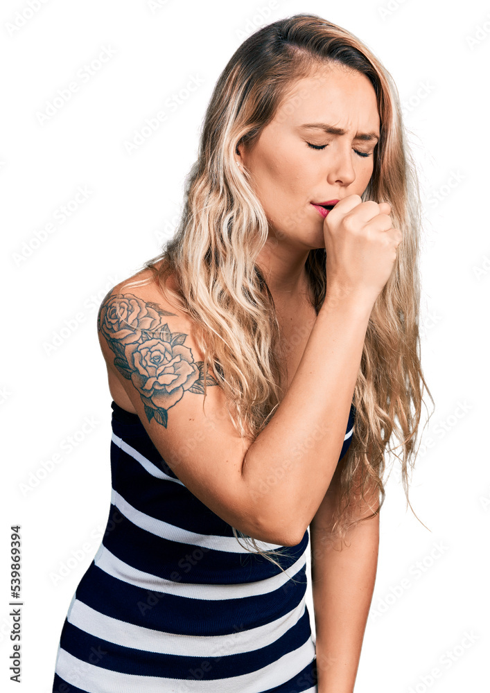 Fototapeta premium Young blonde woman wearing casual clothes feeling unwell and coughing as symptom for cold or bronchitis. health care concept.