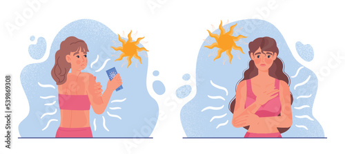 Concept of sunburn. Woman smears body with cream to save her skin from exposure to sunlight and UV. Symbol of summer season and hot weather. Tourist on beach. Cartoon flat vector illustration