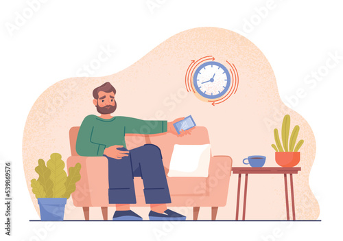 Waiting at home concept. Man sits on sofa with smartphone in his hands. Home delivery of goods, online shopping or taxi services. Poster or banner for website. Cartoon flat vector illustration