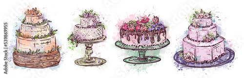 A set of wedding cakes, a watercolor sketch. Holiday dessert in vintage style. Hand-drawn wedding cake in Provence style