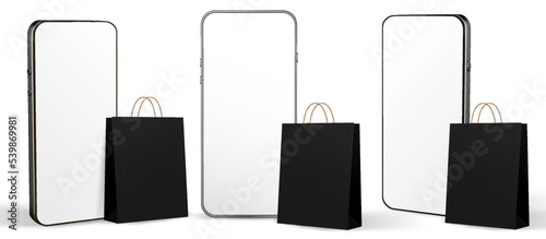 3D online shopping vector illustration. Gift shop bag with mobile smartphone for online shopping template smart phone application. Smart business marketing concept.