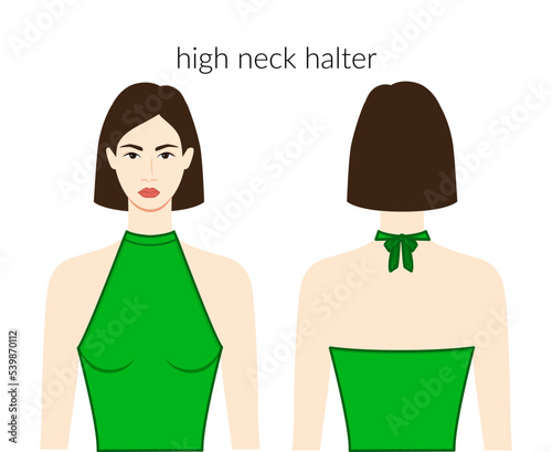 High neckline halter clothes character beautiful lady in green top, shirt, dress technical fashion illustration with fitted body. Flat apparel template front, back sides. Women, men unisex CAD mockup