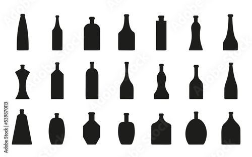 Bottle black silhouette big set. Different shapes simple flask for alcohol beverage pictogram isolated on white. Pub bar alcoholic flat symbol. Vodka whiskey soda beer water brandy champagne