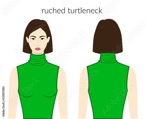 Ruched neckline turtlenecks clothes knits, sweaters character beautiful lady in green top, shirt, dress technical fashion illustration fitted body. Flat apparel template. Women, men unisex CAD mockup