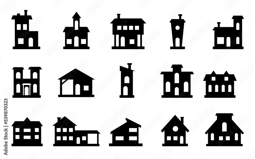 Houses exterior front view flat icon set. Residential townhouse building apartment. Home facade with doors and windows. Various shape urban suburban town house cottage black silhouette on white Houses exterior front view flat icon set. Residential townhouse building apartment. Home facade with doors and windows. Various shape urban suburban town house cottage black silhouette on white