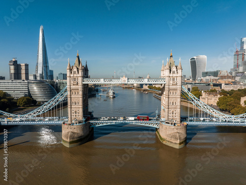 Aerial panoramic cityscape view of London and the River Thames in England, United Kingdom. The iconic Tower bridge - the symbol of London