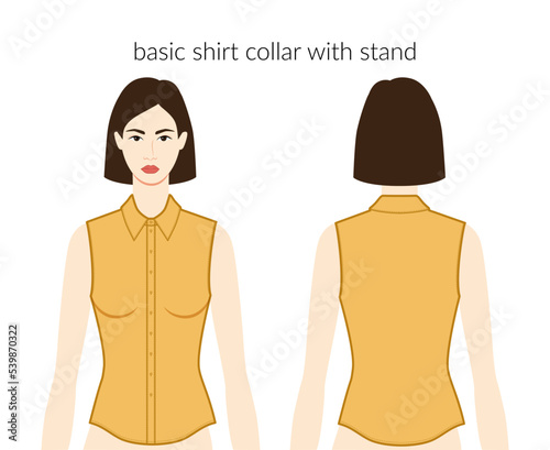 Basic shirt collar with stand neckline plackets clothes character beautiful lady in ochre top, dress technical fashion illustration with fitted body. Flat apparel template. Women men unisex CAD mockup