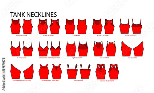 Set of necklines tank clothes - tops, cami, one shoulder, scoop, racerback, V-neck, cowl technical fashion illustration. Flat apparel template front, back sides. Women, men unisex CAD mockup