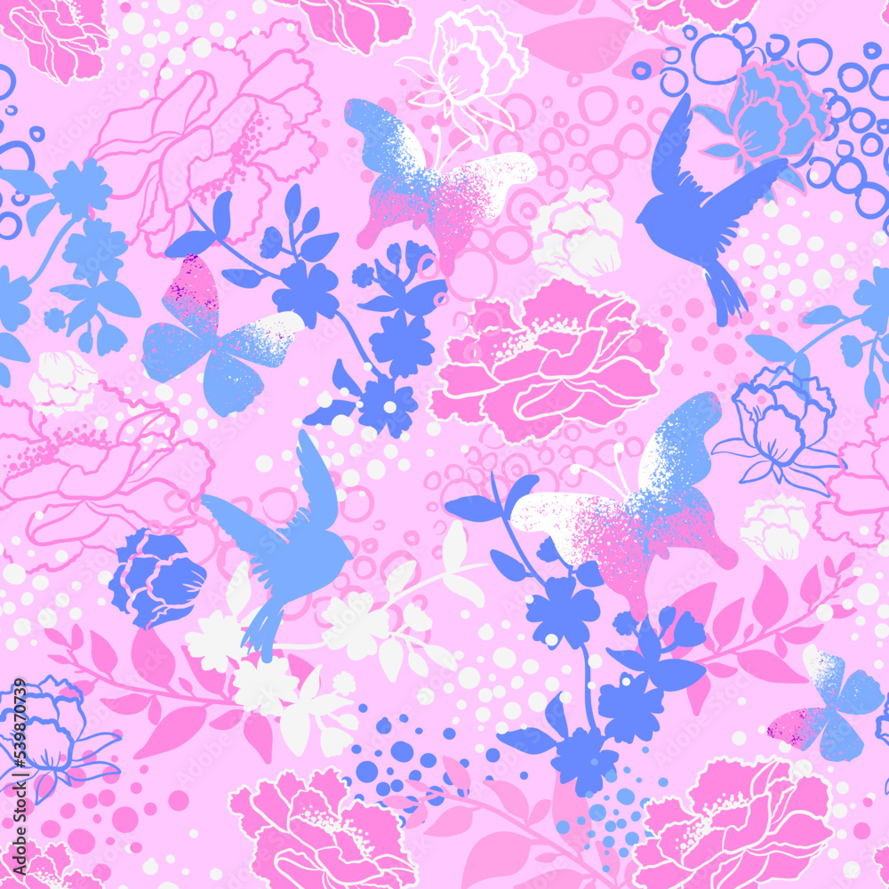 Vector seamless pattern for girls with birds, butterfly and flowers. Stylish graphic design.  Fashion Girlish print