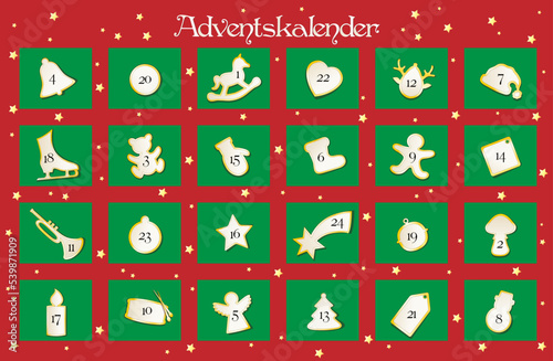 Advent Kalender mit 24 Weihnachtliche Motive,
Tradition in der Adventszeit,
Vektor Illustration in rot, grün, weiß und gold
